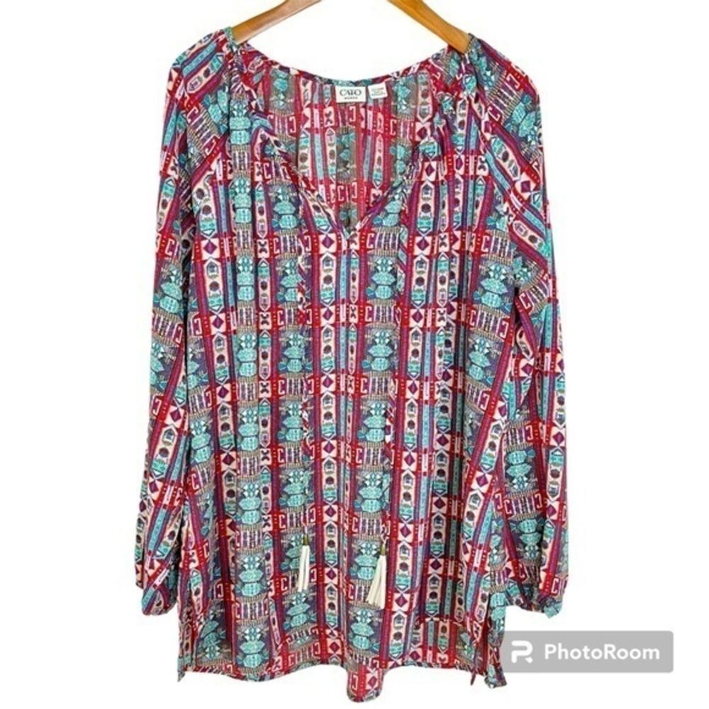 CATO Red Bohemian Boho Tribal Modest Western Lightweight Business Casual Blouse
